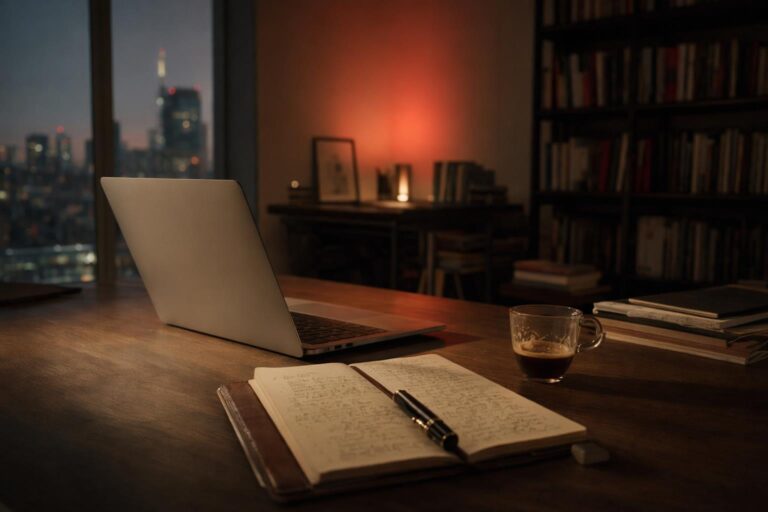 Scrivania notturna a Milano con laptop, quaderno aperto e tazza di espresso, lampada con accent rosso e skyline sfocato — come usare l'intelligenza artificiale in azienda