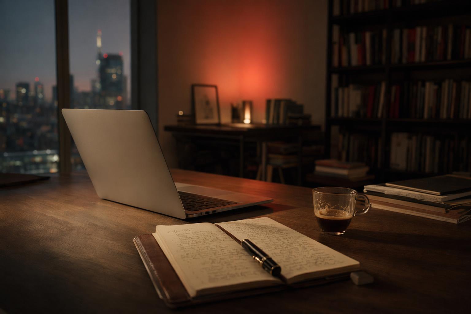 Scrivania notturna a Milano con laptop, quaderno aperto e tazza di espresso, lampada con accent rosso e skyline sfocato — come usare l'intelligenza artificiale in azienda