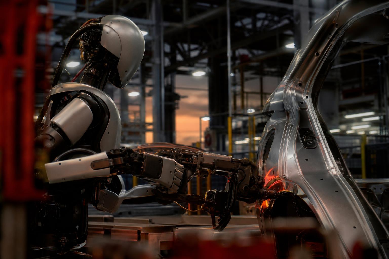 Androide umanoide al lavoro in fabbrica automobilistica al crepuscolo accanto a carrozzeria — agenti AI fisici trasformazione produttiva 2026