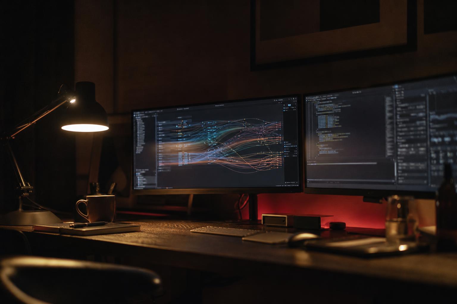 Postazione di lavoro notturna con monitor che mostrano flussi di codice e agenti AI in dialogo — architettura multi-agente per PMI italiane 2026