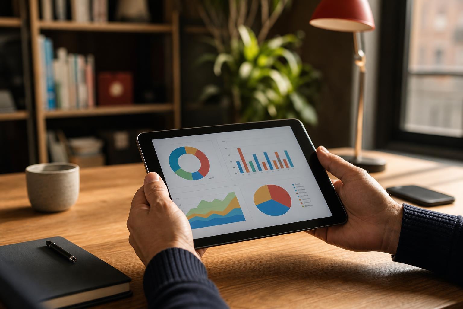 Mani di imprenditore italiano che reggono iPad con dashboard di grafici aziendali in ufficio con libreria e lampada rossa — consapevolezza dati aziendali per PMI italiane