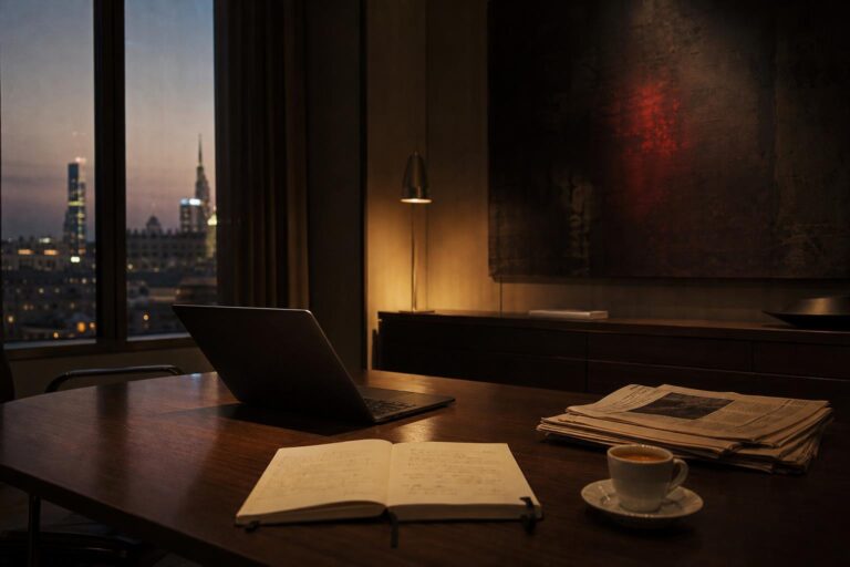 Scrivania notturna a Milano con laptop, taccuino aperto e tazza di espresso, lampada calda e canvas dark con accent rosso — intelligenza artificiale cinese guida 2026 PMI