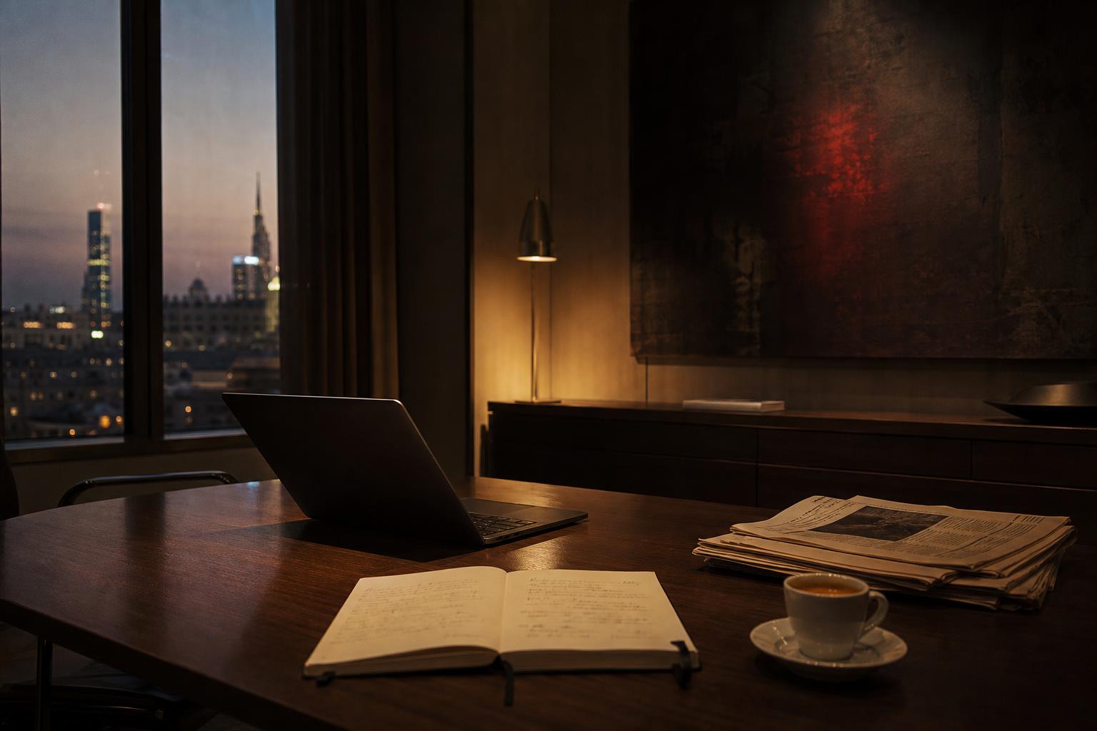 Scrivania notturna a Milano con laptop, taccuino aperto e tazza di espresso, lampada calda e canvas dark con accent rosso — intelligenza artificiale cinese guida 2026 PMI